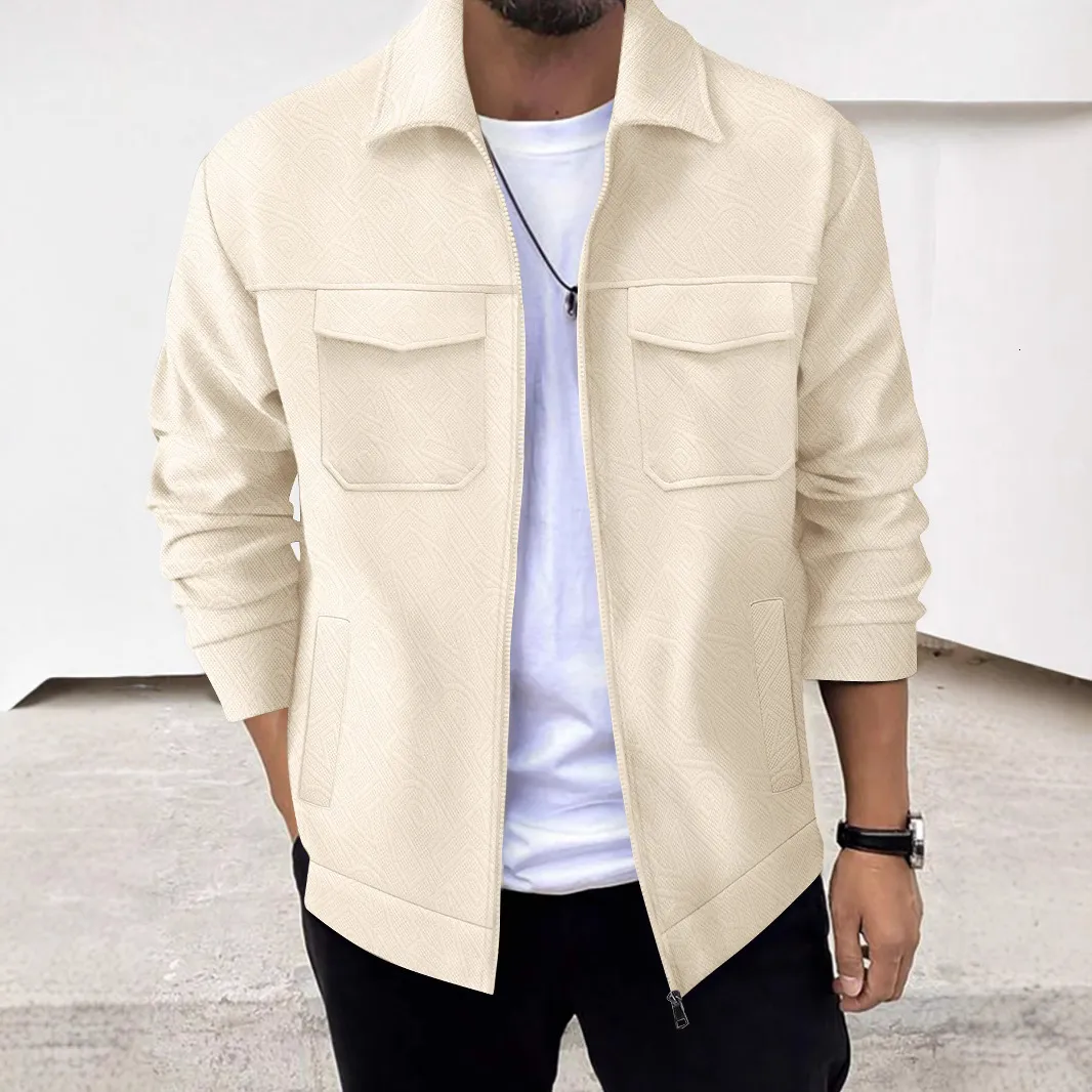 Men Trendy White Coat Zipper Long Sleeve Pocket Bomber Jacket