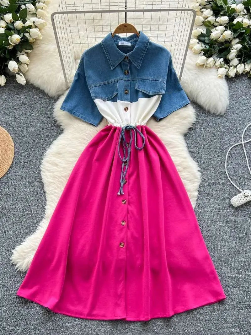 denim color block dress SHORT SLEEVES DENIM COLORBLOCK DRESS Blue / 10