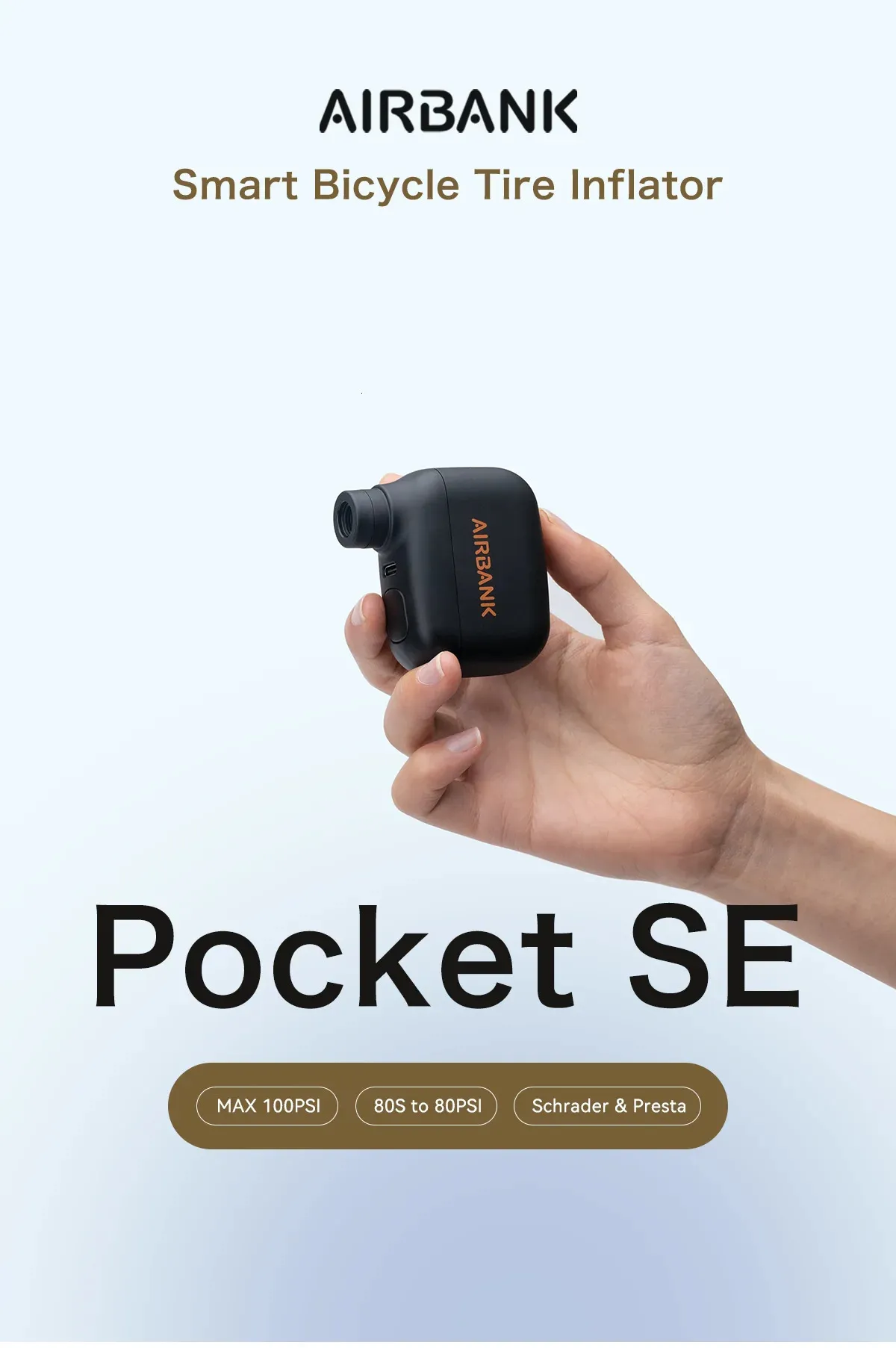Mini Pompe à Vélo Électrique AIRBANK Pocket SE - 100 PSI, Portable Pour Vélo De Route