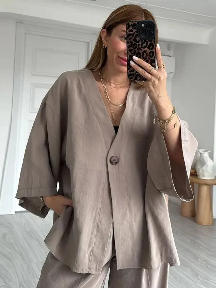 Solid Cotton Linen One Button Loose Shirt Set Womens Casual High Waist Wide Leg Pants Suit Summer Daily Street Outfit 250624