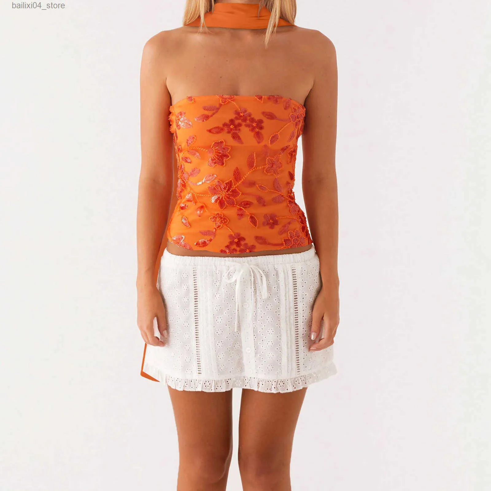 Women Sexy Y2k Coquette Sequins Crop Tube Tops Glitter Floral