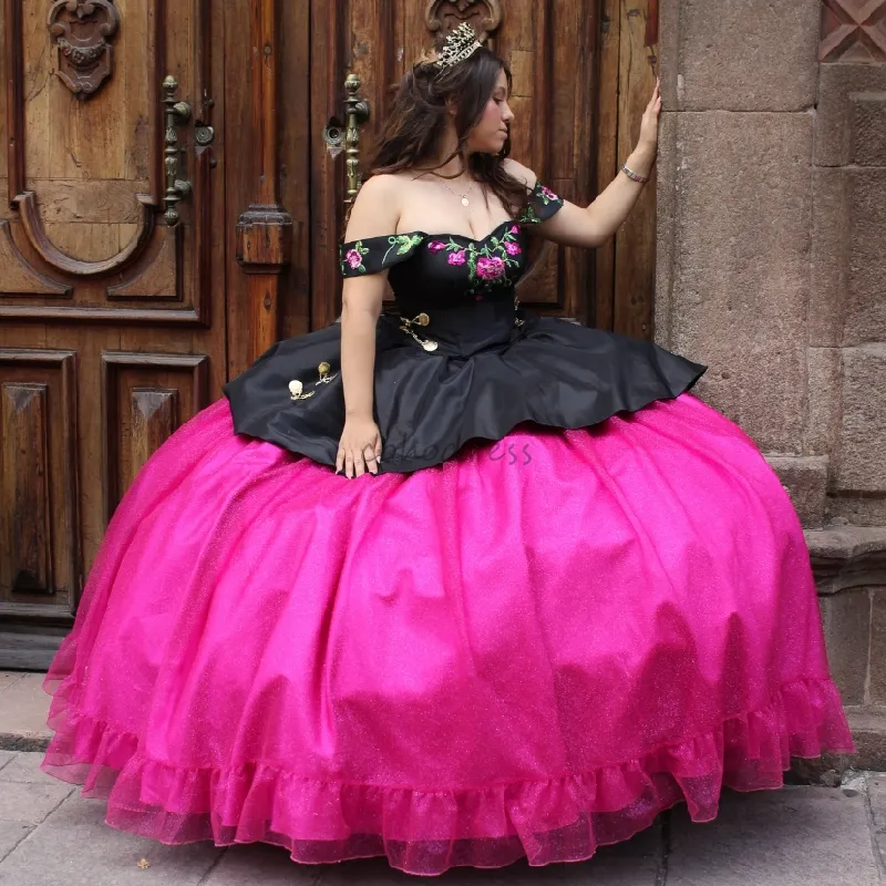 blue dress for baby girl Black Floral Satin Quinceanera Dress Off the Shoulder Formal Dress FD3 –  Viniodress main image 1