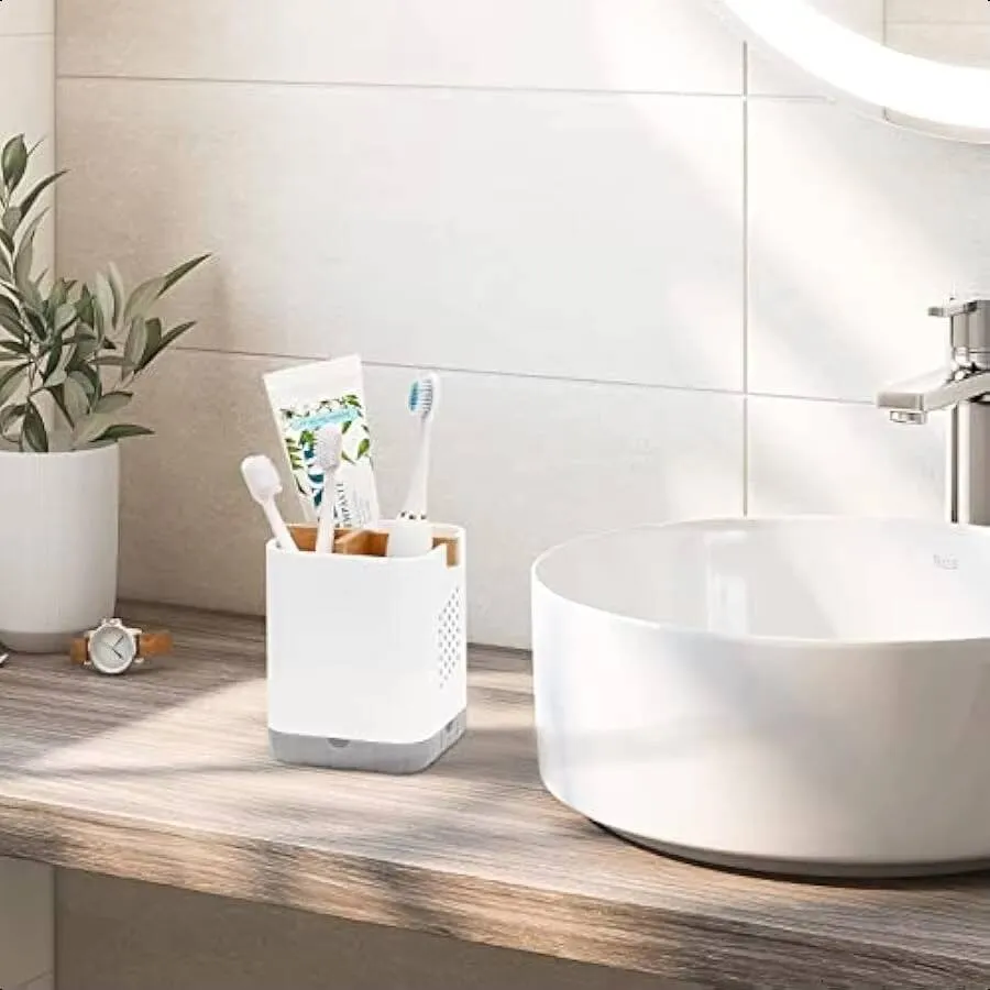 Portaspazzolini Da Bagno Nero Con Divisorio In Bambù | 4 Slot Per Spazzolini Elettrici E Dentifricio | Organizer Da Piano In Plastica Infrangibile