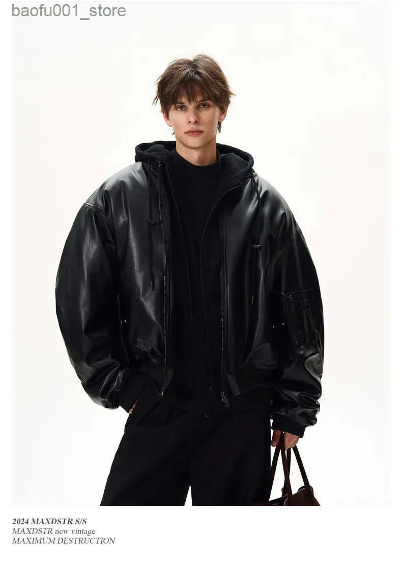 Mens American Retro Leather Jacket With Hood Autumn Winter High