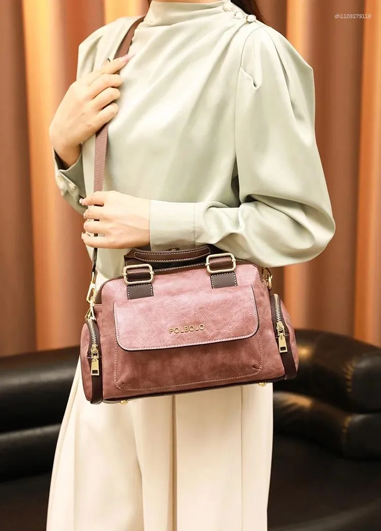 Leren handtas met trekkoord voor dames, modieuze schoudertas voor dames, retro zijtas_voghion.com
