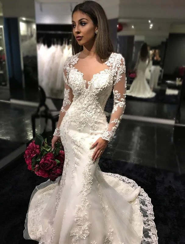 Vestidos De Novia De Sirena De Manga Larga Modesta Transparente