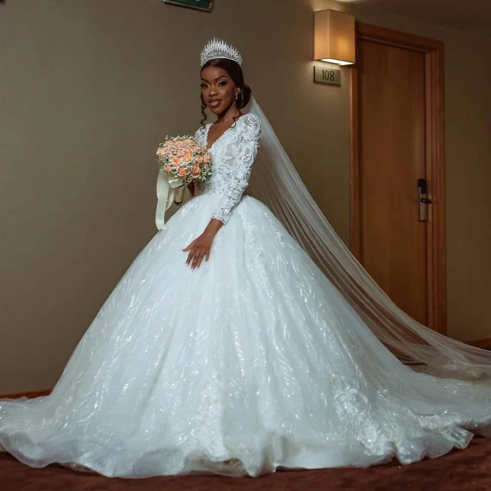 Customized Wedding Dresses Elegant V Neck A Line Lace Applique With Crystal  Beads Long Sleeve Bridal Gowns For African Dubai Ball From Kyurem, $172.07  | DHgate.Com