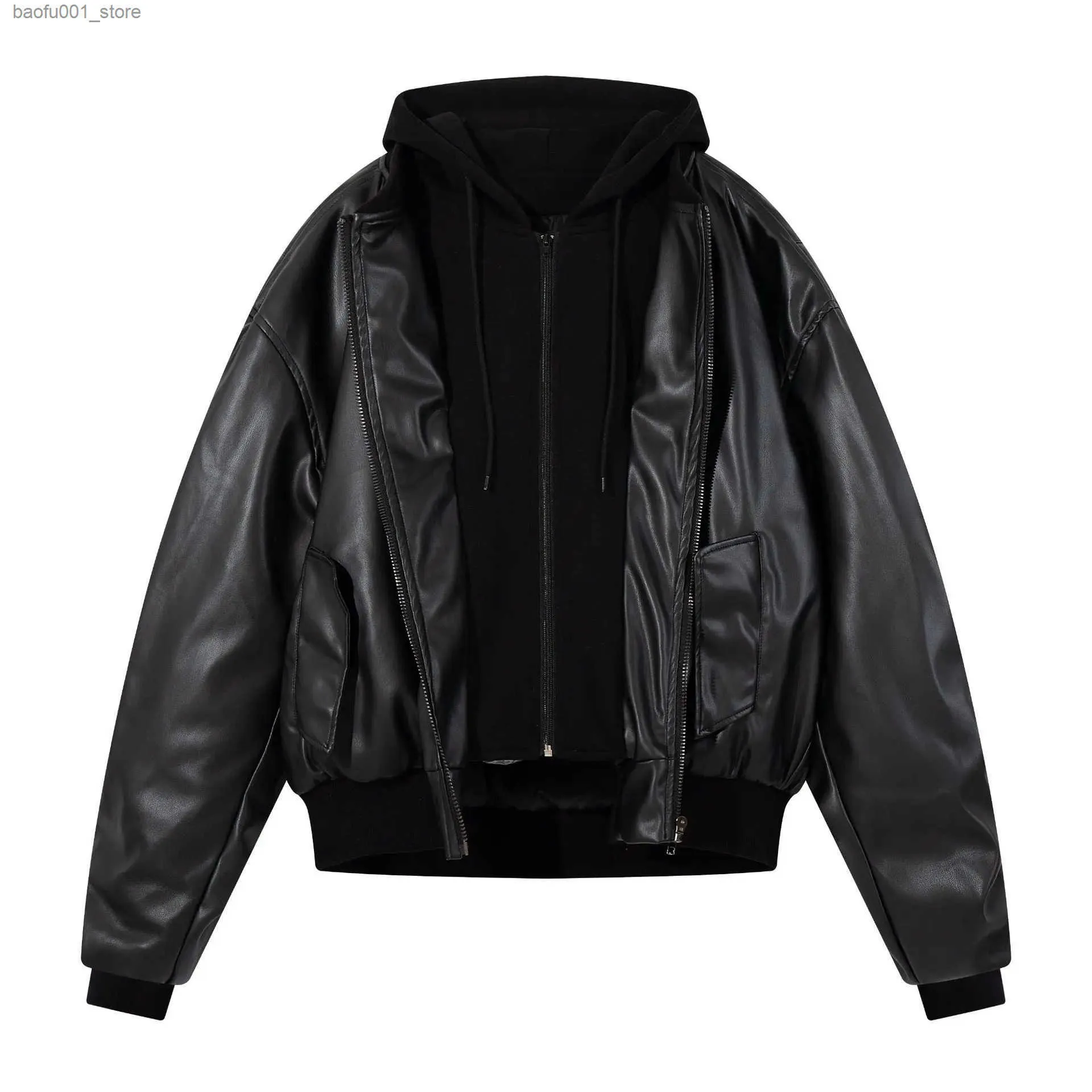 Mens American Retro Leather Jacket With Hood Autumn Winter High