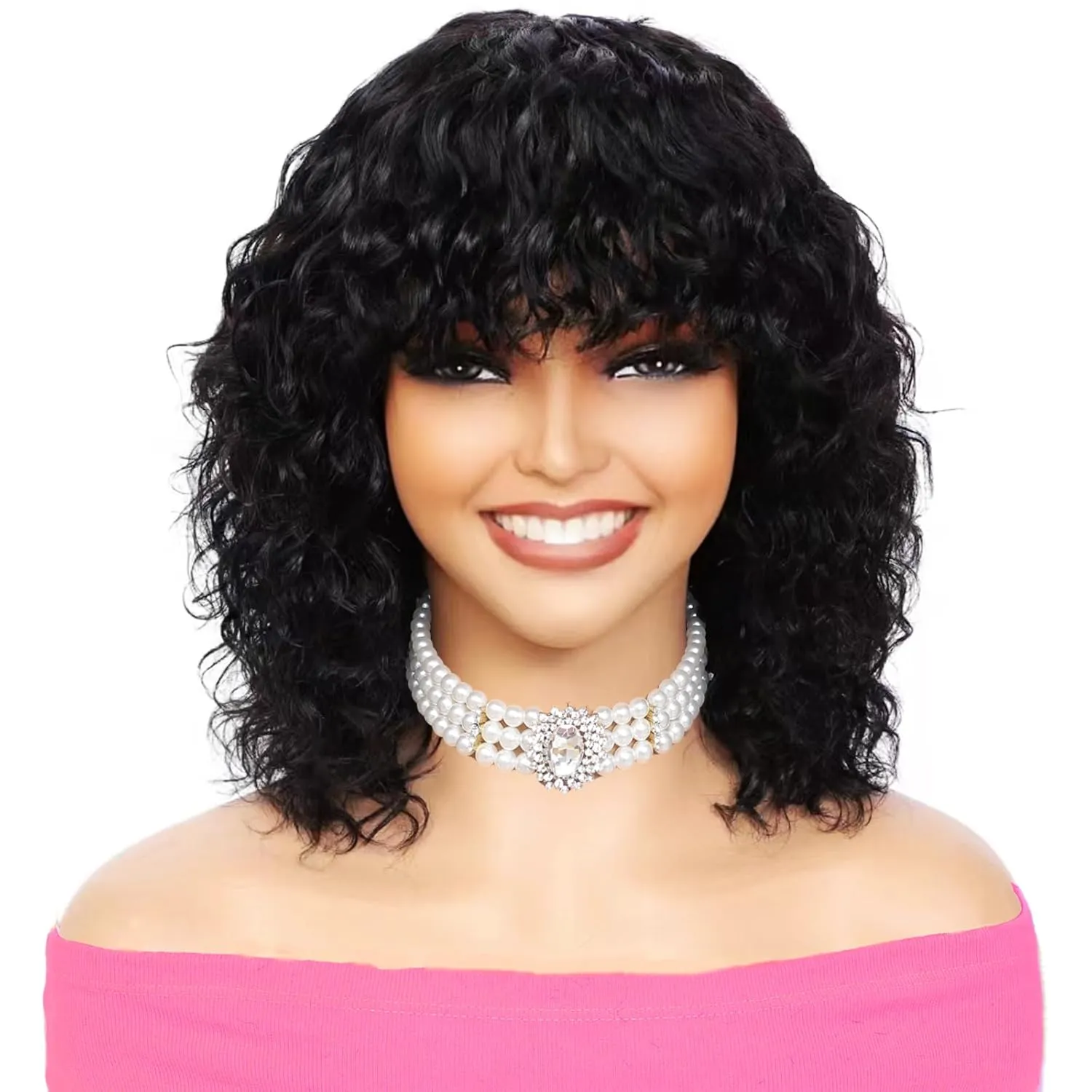Short Curly Human Hair Wig with Bangs 200% Density Glueless No Lace IMAYLI 12 Inch Short Human Hair Wig for Black Women  main image 2