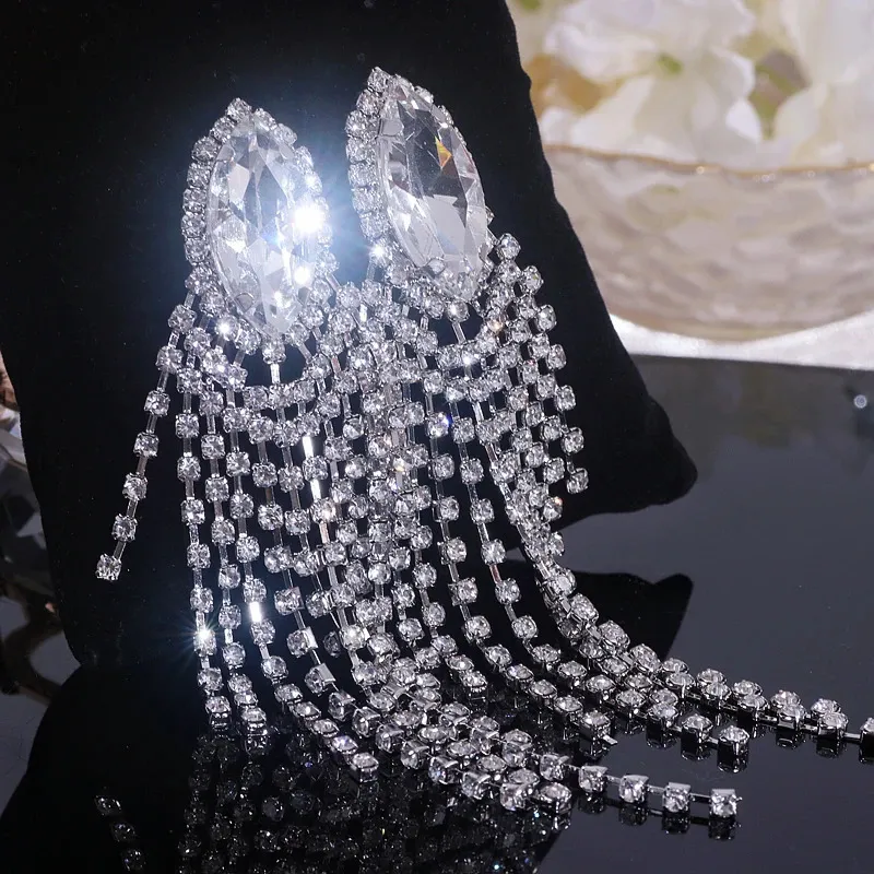 Orecchini Pendenti Con Nappe In Cristallo E Strass Argento Per Sposa E Damigelle | Gioielli Eleganti Da Cerimonia