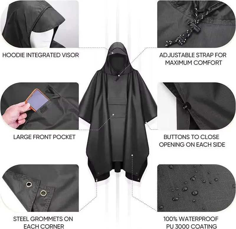 Hooded Rain Poncho For Adults – Waterproof Lightweight Unisex