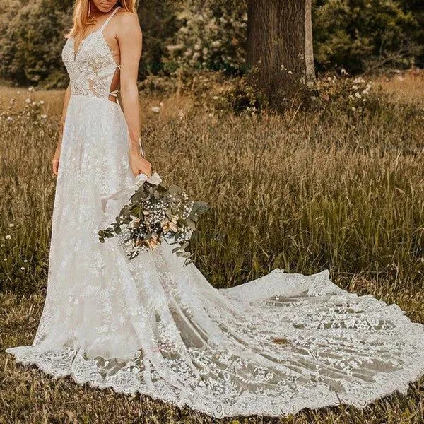 Boho Lace A-Line Boho Lace wedding dress with Spaghetti Straps and Criss Cross Back - Backless Summer Bridal Gown (BC21063 ZD10)