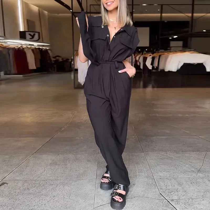 Save Big on Bulk Jumpsuit With Pocket Women's Casual Jumpsuit With Pockets  Short Sleeve, High Waist, Button Up Romper, Loose Fit Playsuit Best Deals 
