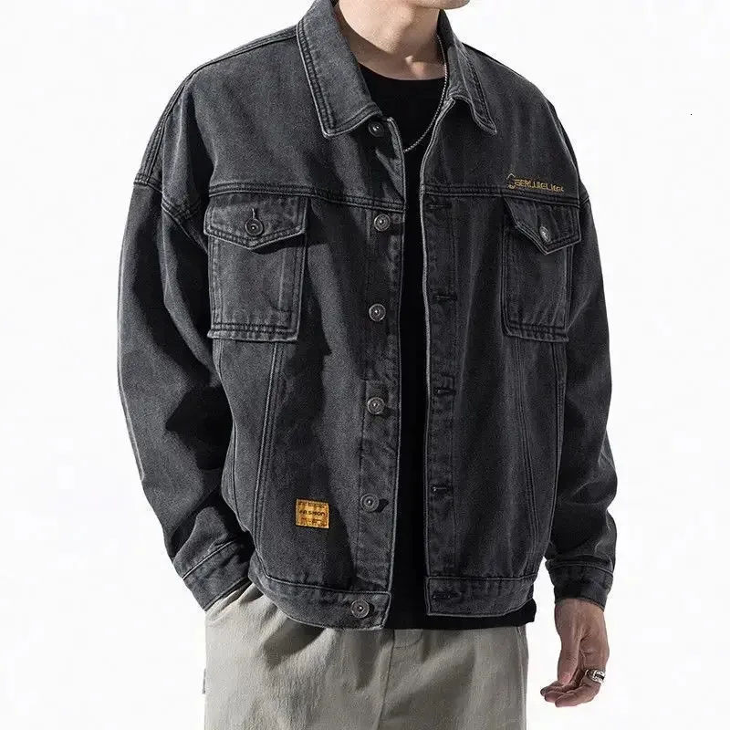 Mens Denim Jacket Blue Button Male Jean Coats With Embroidery