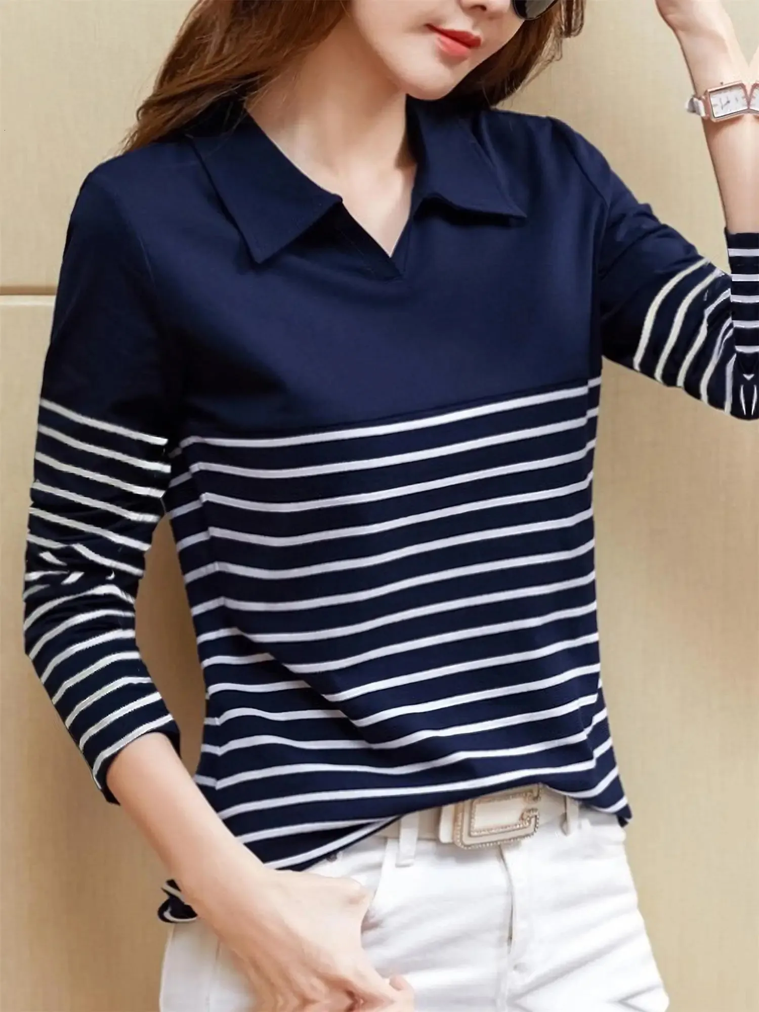 Womens Striped Color Matching N Long Sleeved POLO Shirts Fashion