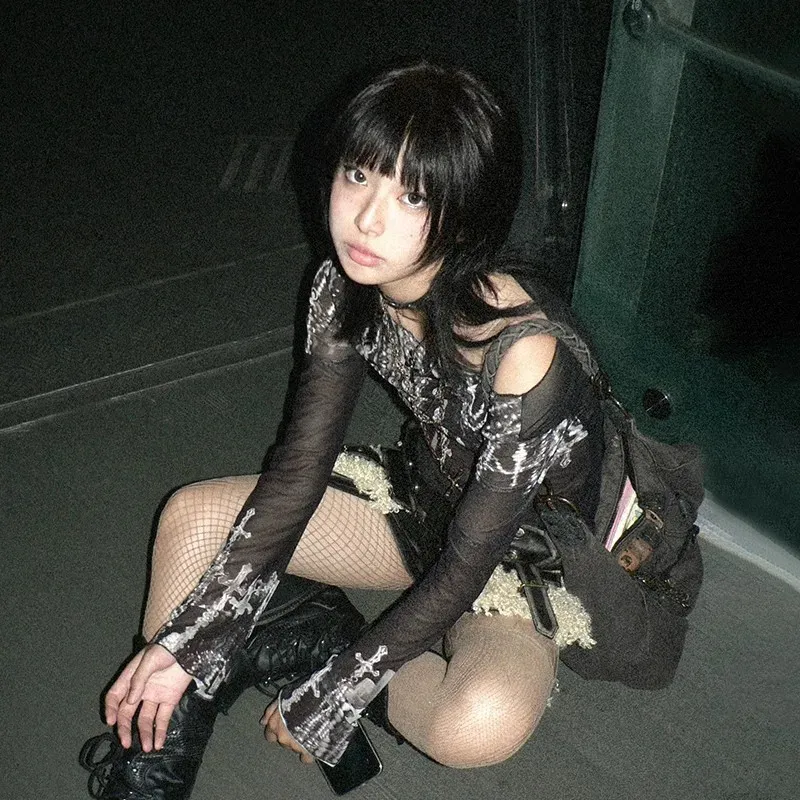 Grunge Aesthetic Mesh Top: Japanese Y2k Tattoo Print From
