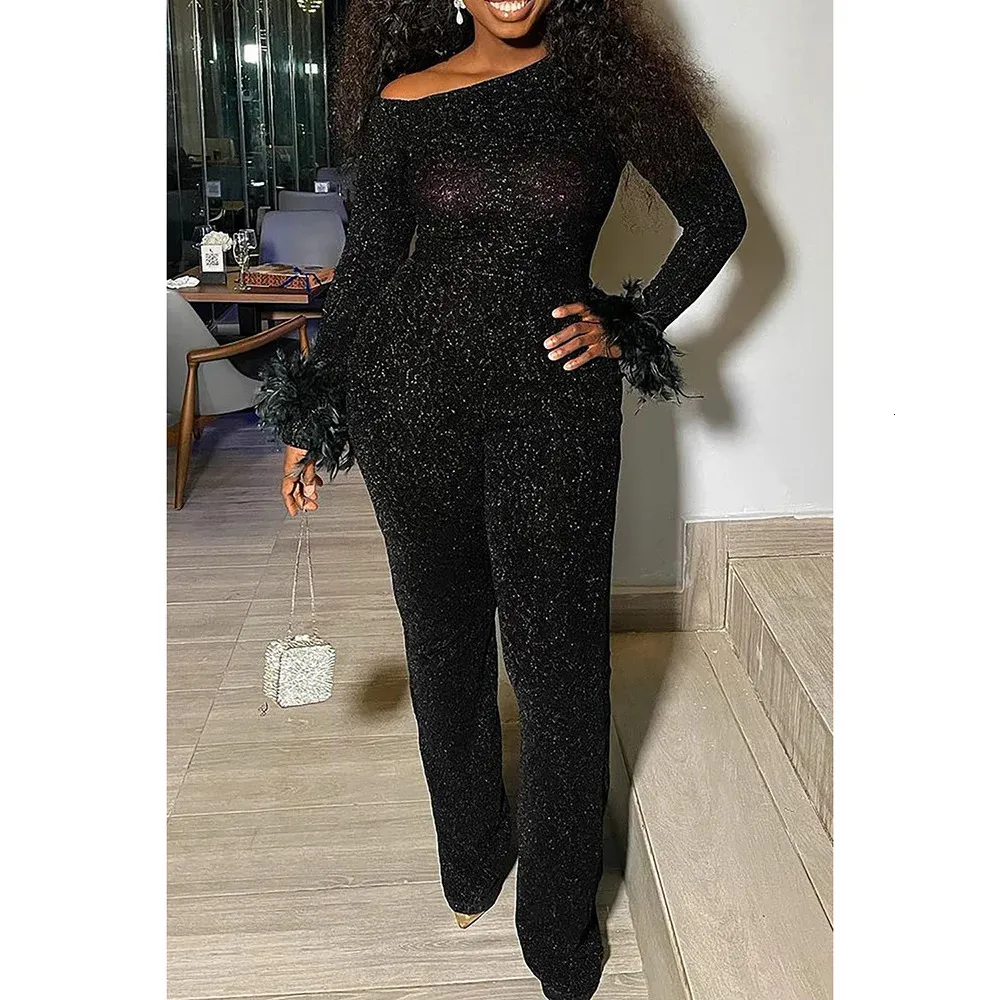 Save Big on Bulk Plus Size Party Jumpsuit Black Glitter Long Sleeves  Feathers Sequin Jumpsuit 250624 Best Deals on DHgate