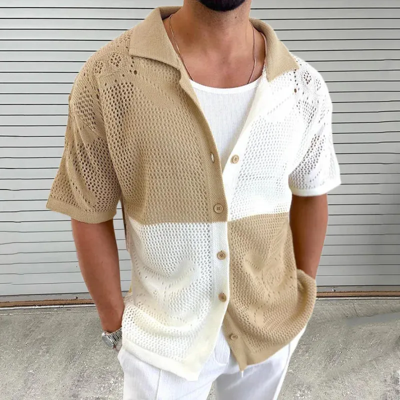 Farbblock Strick Strickjacke Sommer Revers Kurzarmdünner Pullover