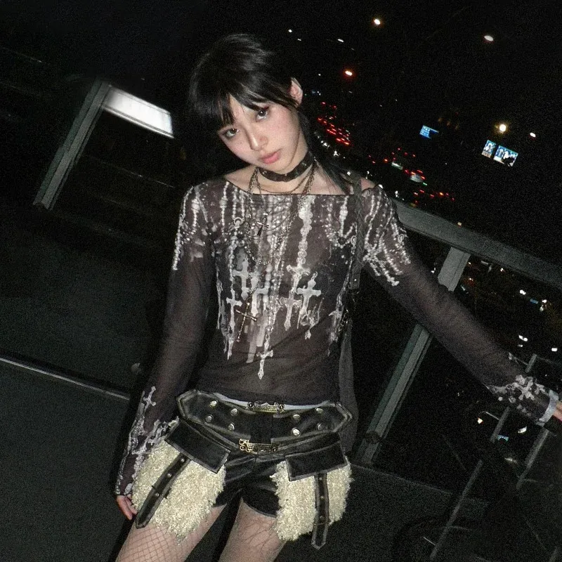 Grunge Aesthetic Mesh Top: Japanese Y2k Tattoo Print From