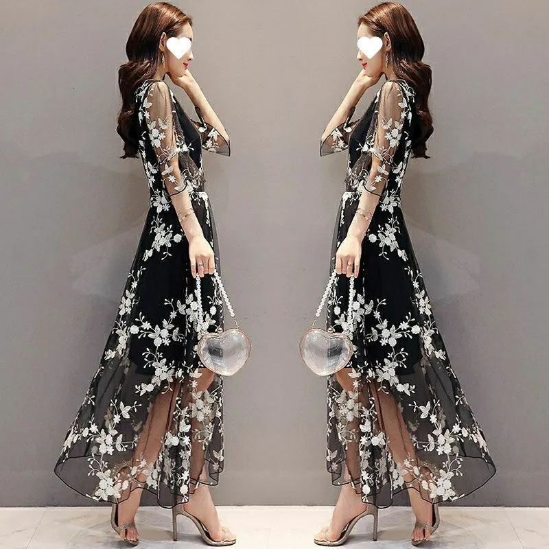 Plus Size Long Sleeve Floral Mesh Maxi Dress with Embroidered Patchwork,  Floor-Length, Winter from Dhgate Basic & Casual Dresses - price 76.69