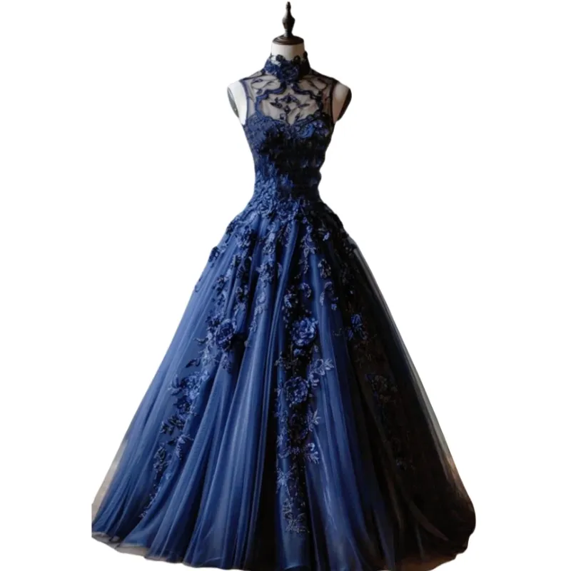 Gothic Black Flowers Prom Dresses High Collar... From 119,95 €