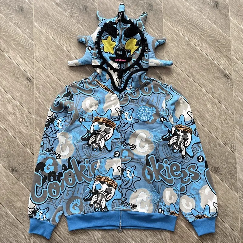 Zip Up Hooded Hoodie with Patchwork Pattern in Blue, 100% Cotton