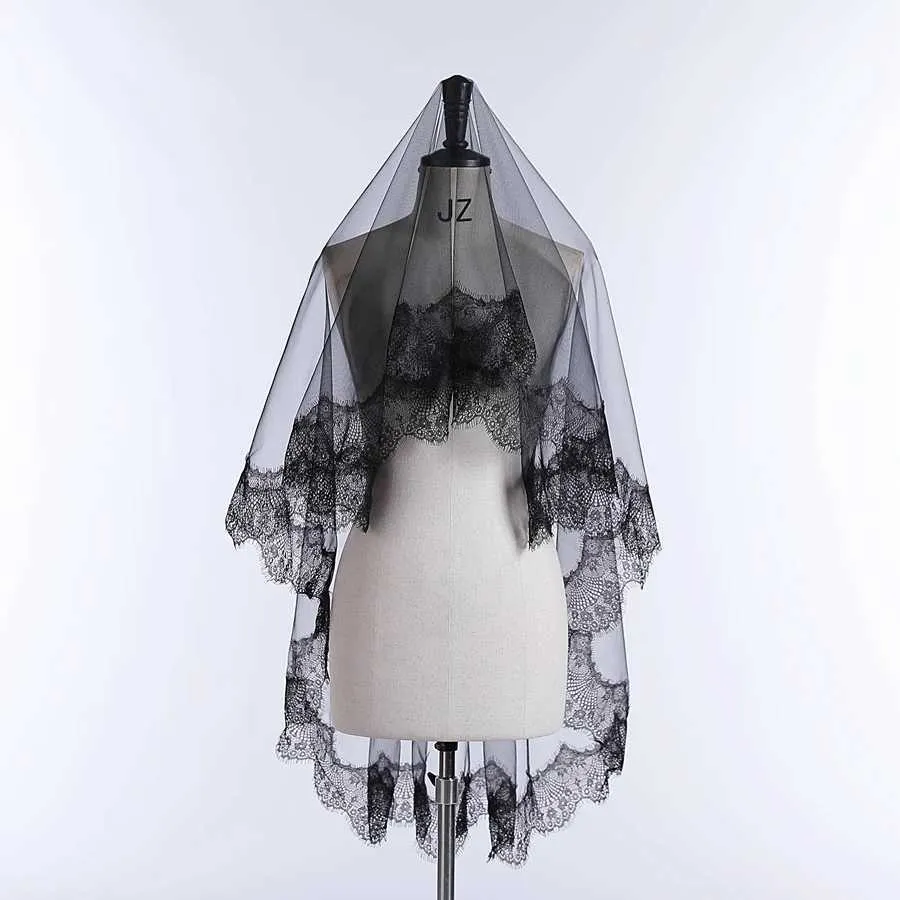 Black Lace Veil With Rose Floral Edge – Double Layer Mesh Bridal Veil For Wedding, Halloween, Cosplay (60cm & 75cm)