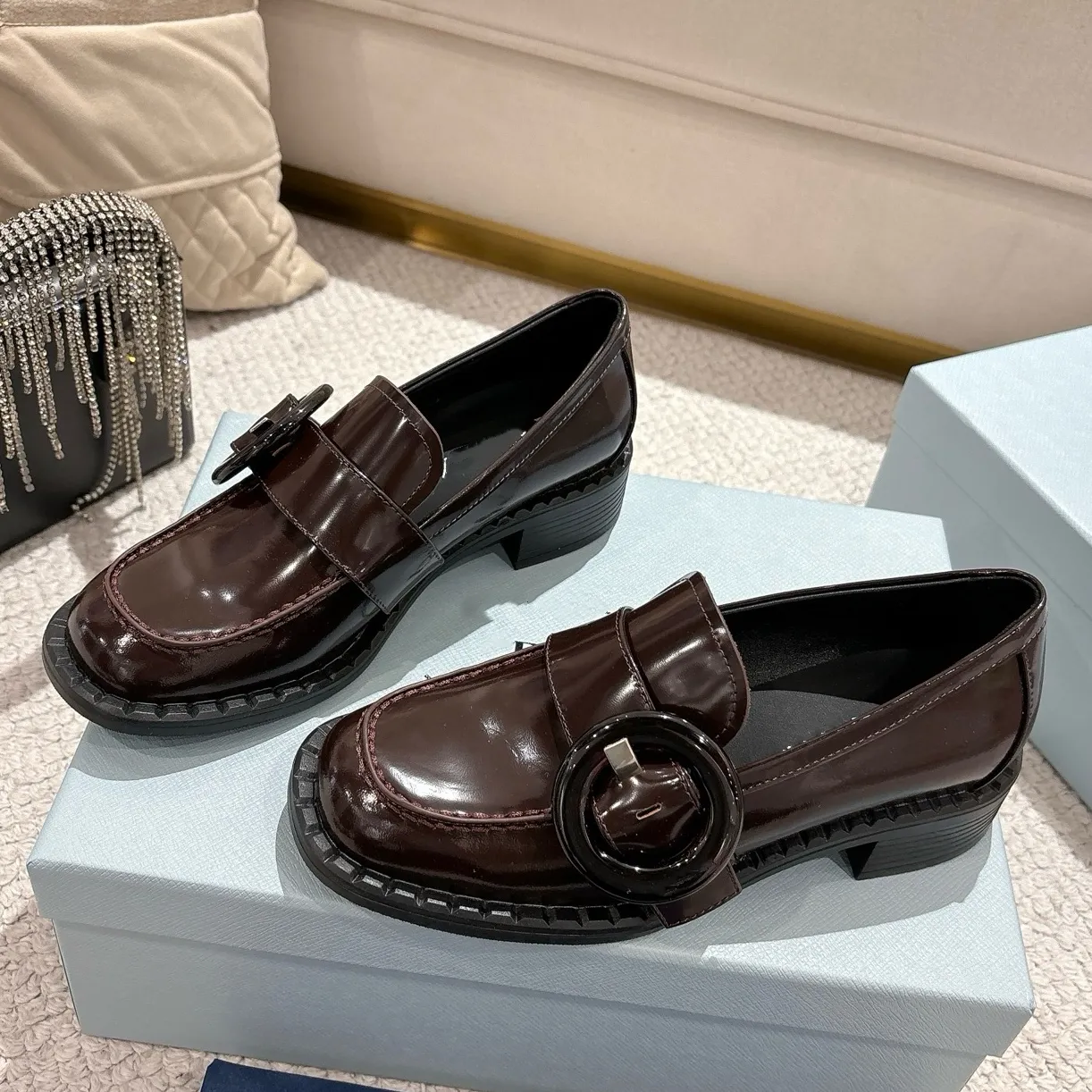 2025 Women Patent Leather Pumps Med Heels Loafers Square Toes Slip