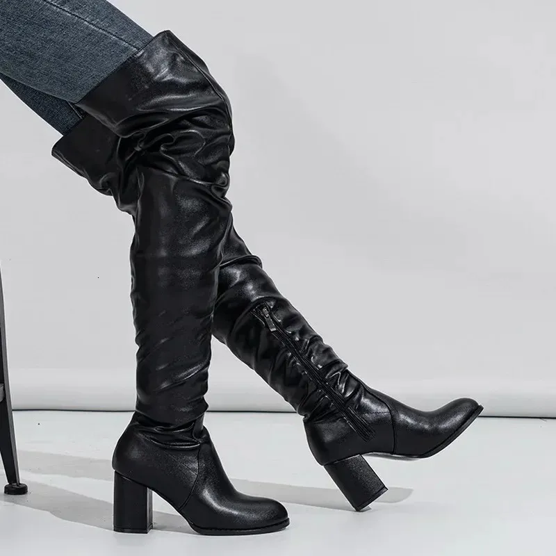 Women Stretch PU Square Heel Long Boots Side Zipper Pleated Over