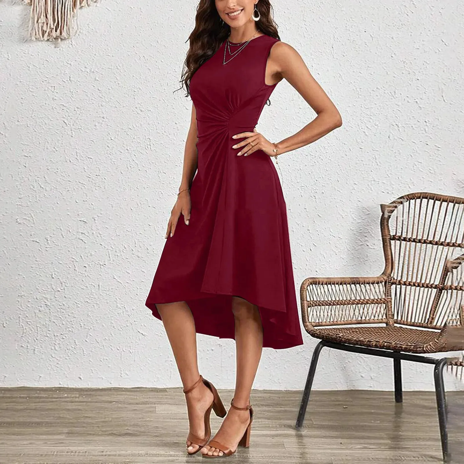 Womens Elegant Evening Dress Sexy Sleeveless Solid Color O Neck Folds Waist Midi Dress Summer Party Cocktail Dresses 250630 Womens Elegant Evening Dress Sexy Sleeveless Solid Color O Neck Folds Waist Midi Dress Summer Party Cocktail Dresses 250630