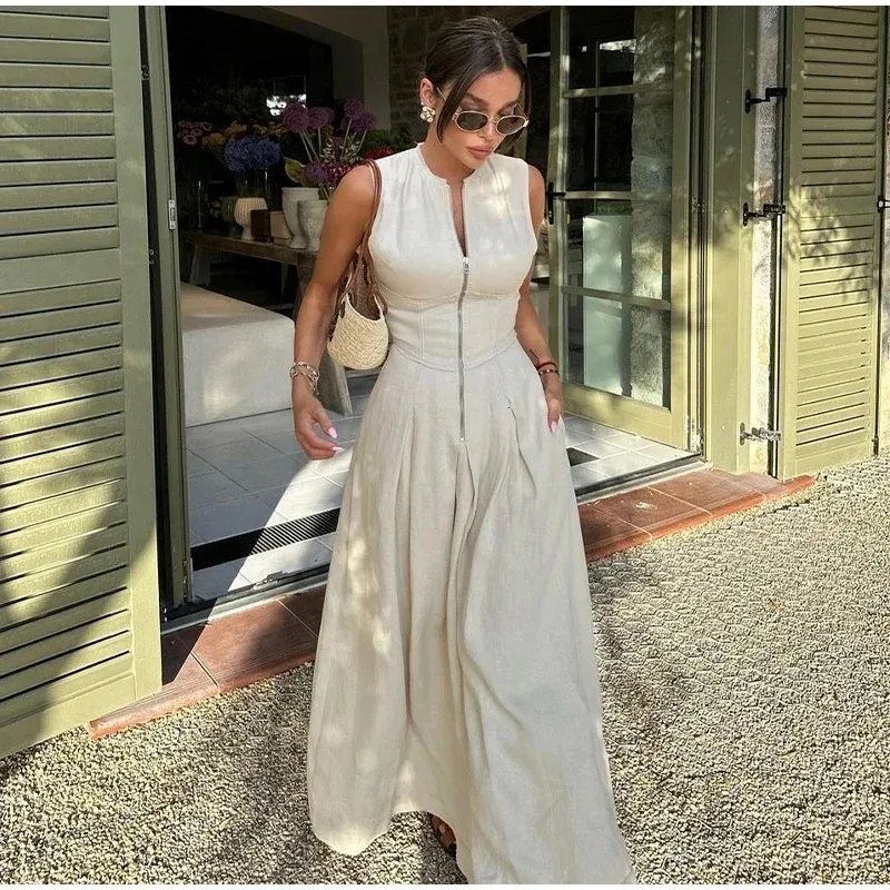 Sleeveless Spliced Zipper Maxi Summer Dress for Women with High Waist and  Pleated Long A-Line Silhouette