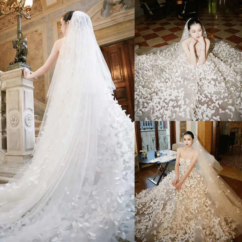 Butterfly Flowers Applique Long Cathedral Length One Layer Tulle