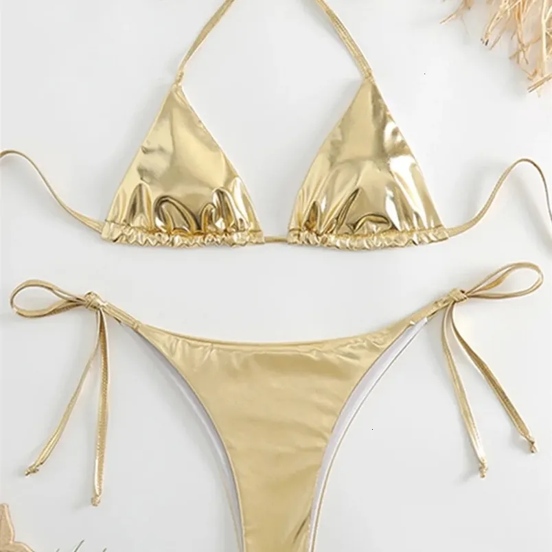 Sexy Halter PU Micro Bikini Set Brazilian High Cut Two Piece Swimwear ...