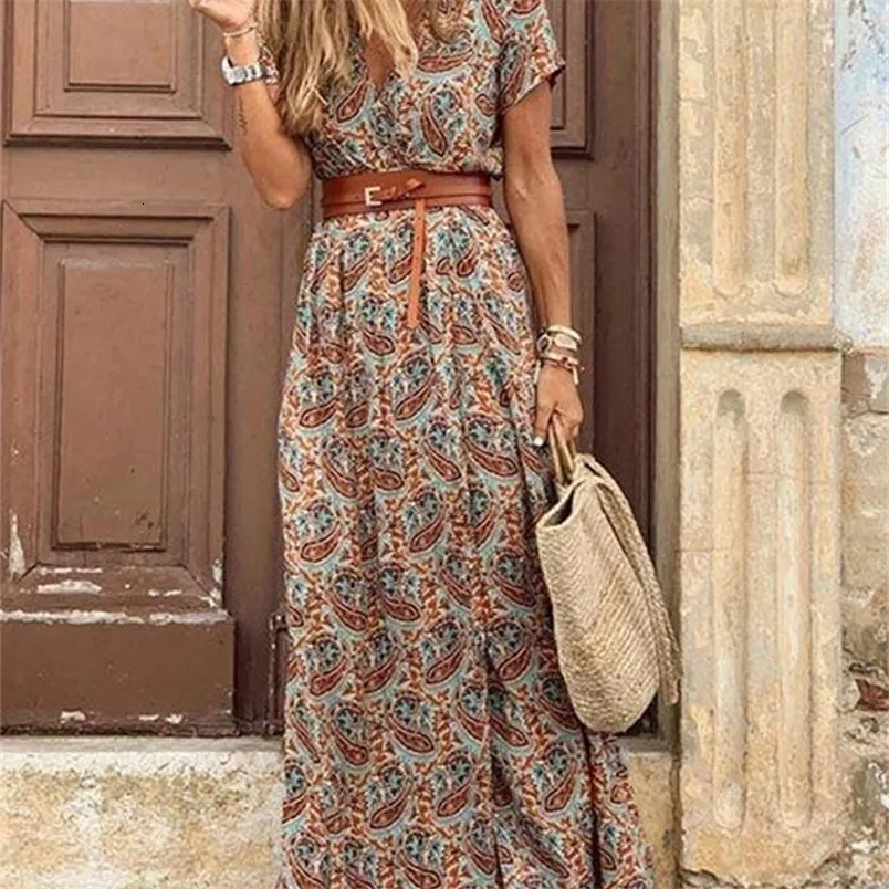 bohemian dress paisley print v neck sleeve beach Boho Womens Summer Dress, Long Maxi with V-Neck, Short Sleeve, Belted Waist, Large Hem Dress, Elegant Fashion Modern Minimal Makeup Looks Black Dress Size:16 US (48 EU) calf or ankle length