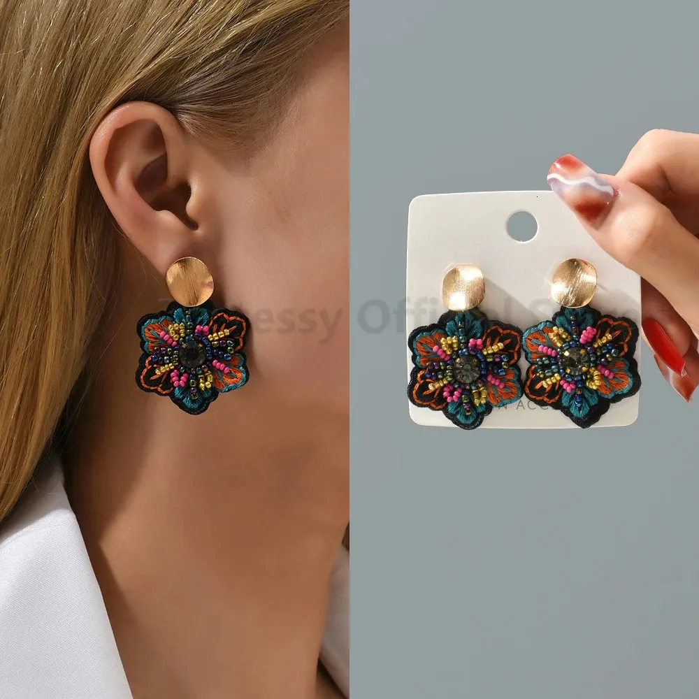Handmade Embroidered Flower Dangle Earrings For Women Boho Elegant Colorful Rice Beads Decor Pendant Fashion Jewelry_voghion.com
