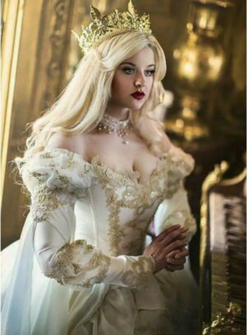 Retro Medieval Victorian Gothic Ball Gown Dresses - Gold Lace Appliques,  Long Sleeve Lace-up Corset Prom & Evening Party Formal Dresses
