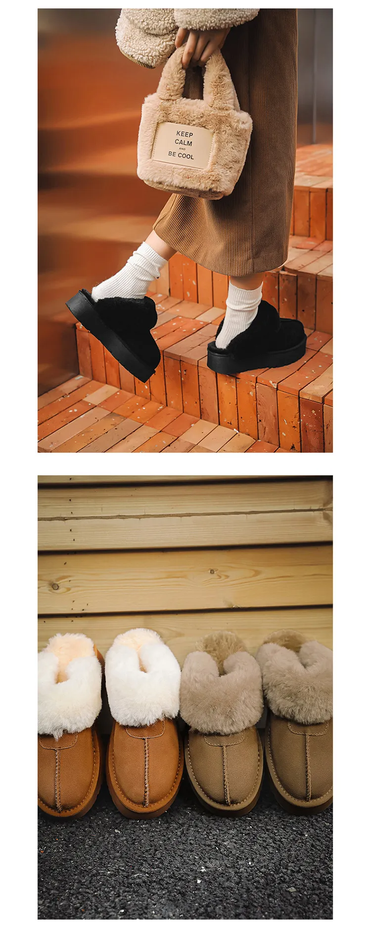 EBV Designerschuhe, versandkostenfrei, hochwertiges Fell auf Leder, dicke Sohle, flache Sohle, neue Schneestiefel, warm und rutschfest_voghion.com