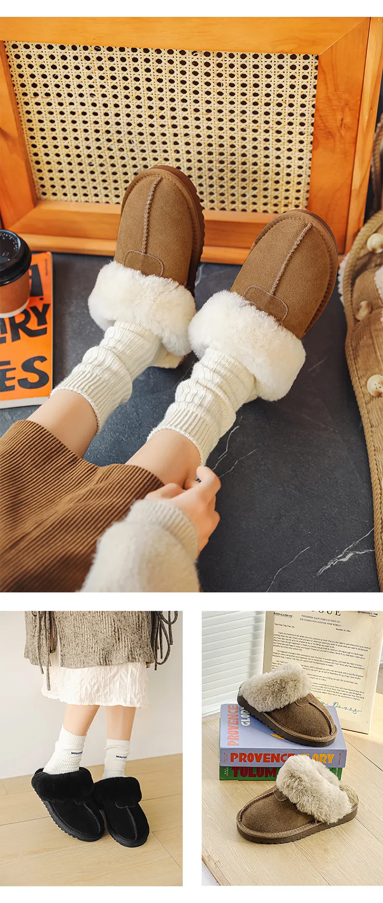 EBV Designerschuhe, versandkostenfrei, hochwertiges Fell auf Leder, dicke Sohle, flache Sohle, neue Schneestiefel, warm und rutschfest_voghion.com