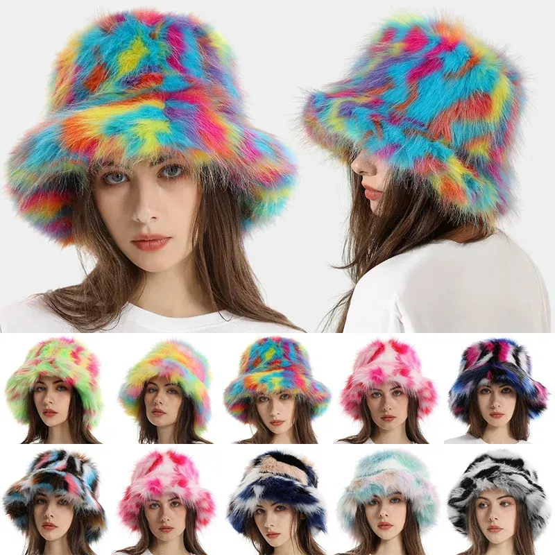 Winter Fluffy Faux Fur Multicolor  Bucket Hat for Women & Men Warm Cap Winter Faux Fur Fuzzy Bucket Hat Fluffy Warm Hat Women Men  main image 3