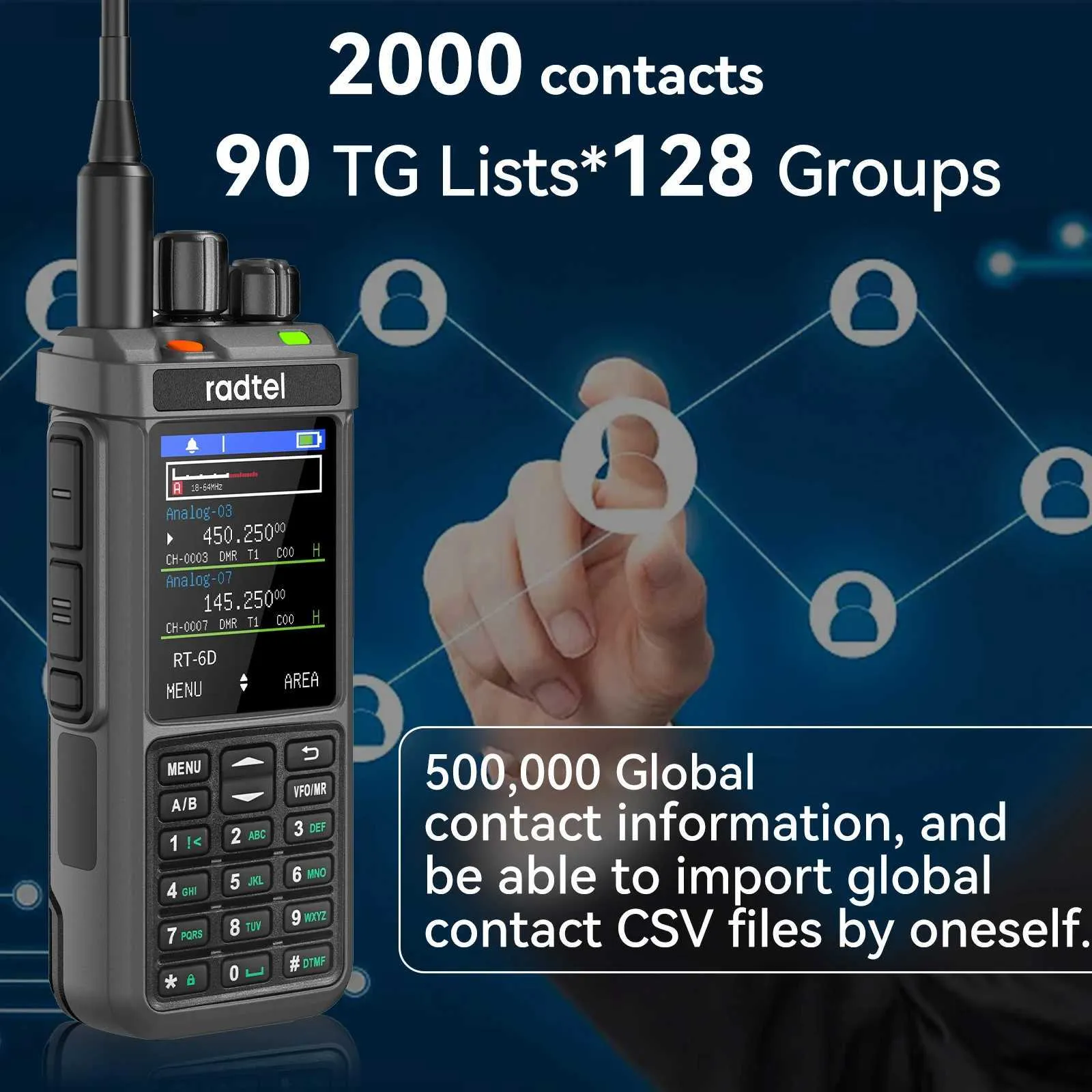 Radio Radtel RT-6D, walkie-talkie de doble banda VHF/UHF, modo DMR/FM con 500.000 contactos globales Radio Radtel RT-6D, walkie-talkie de doble banda VHF/UHF, modo DMR/FM con 500.000 contactos globales