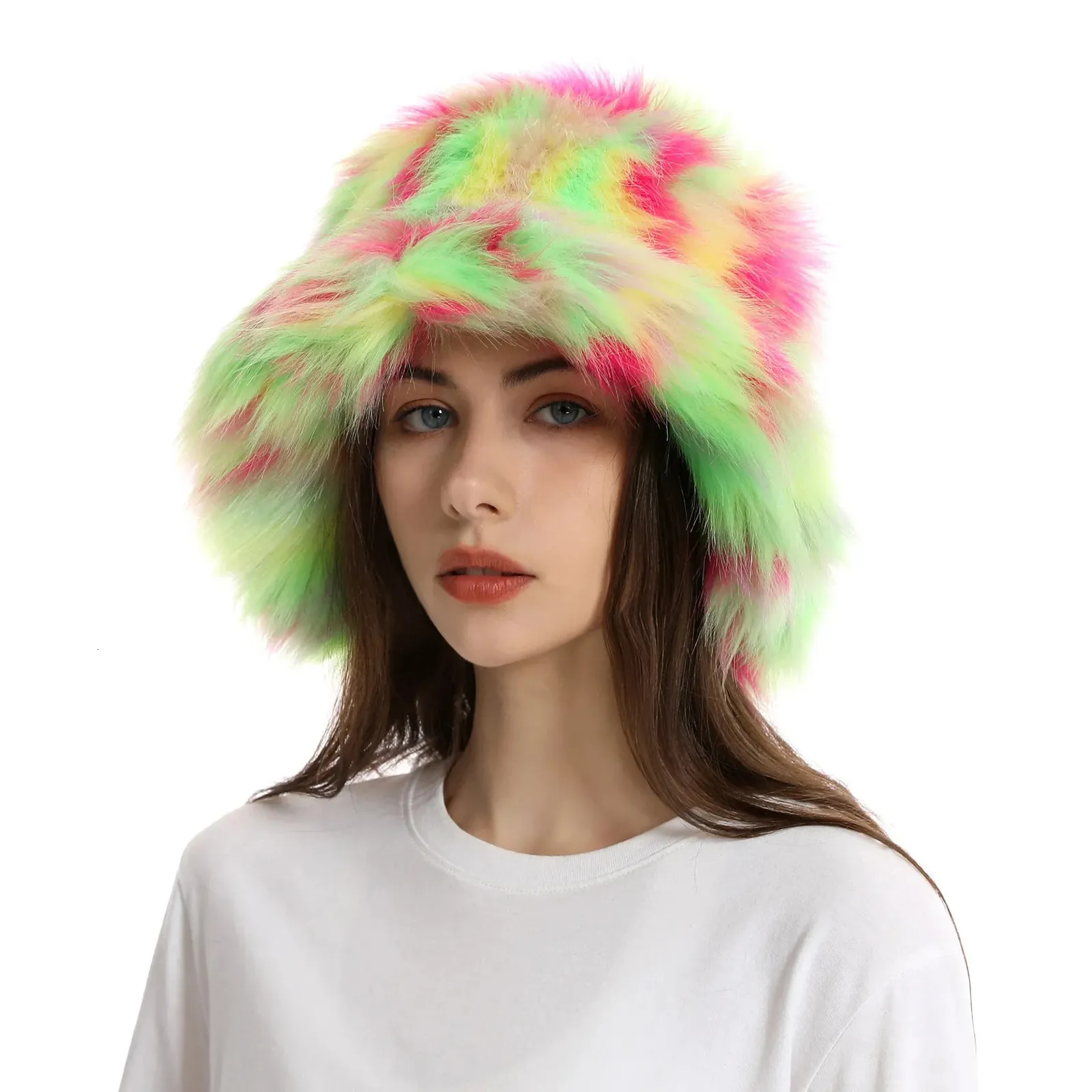 55-65cm Big Fluffy Faux Fur Bucket Hat for Women Men Winter 