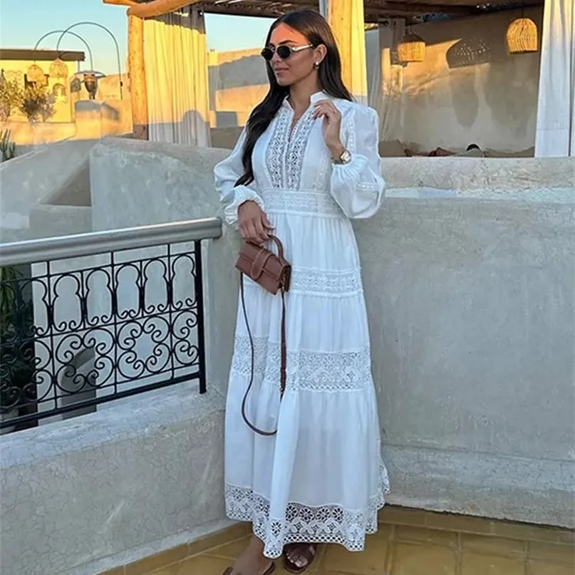 Elegant Women's Maxi Dress: Stand Collar, Lantern Sleeves, Casual Loose Fit,  Lace Spliced Hollow Out Design, Spring Female Street Robe 240401 from  Dhgate Basic & Casual Dresses - price 59.99