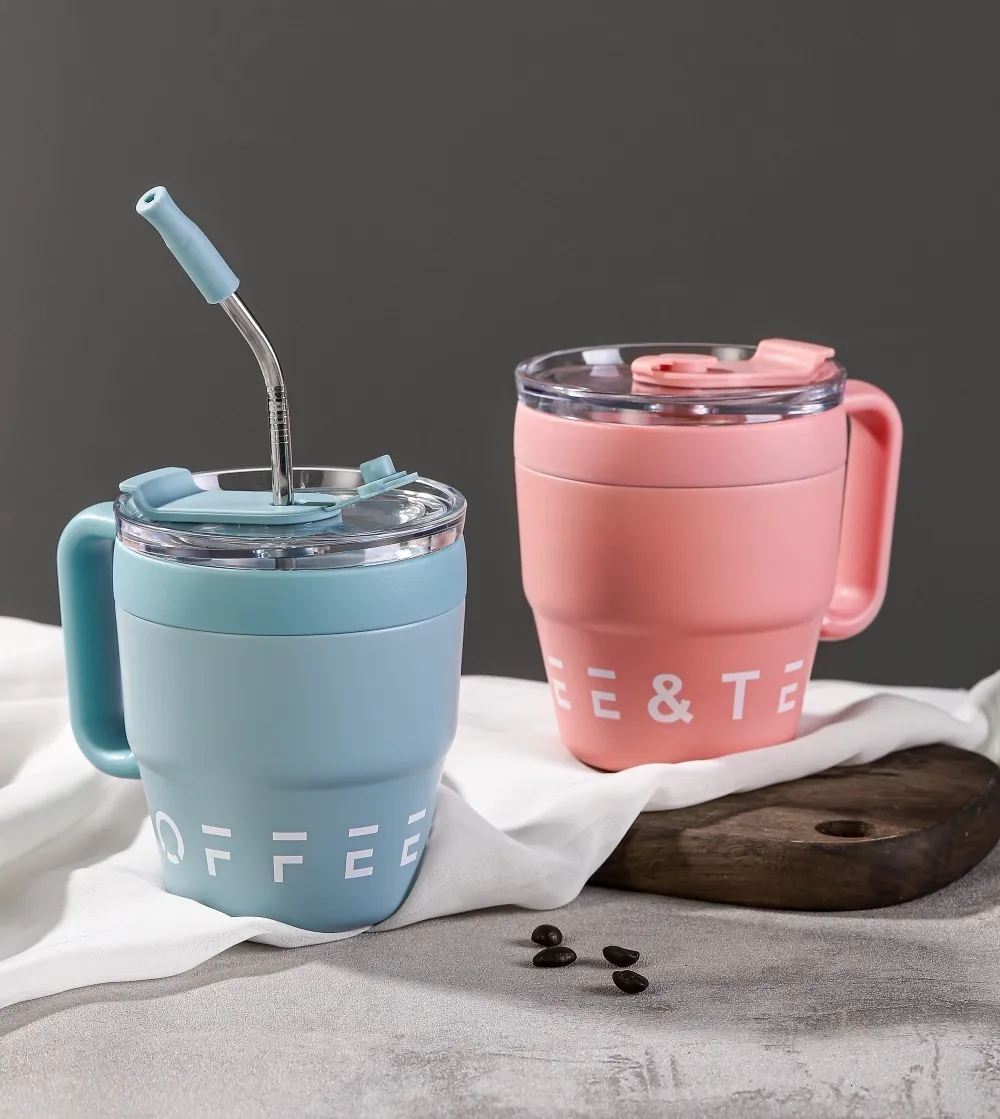 480ml Stainless Steel Thermos Mug with Straw Lid for Coffee, Tea, Milk ...