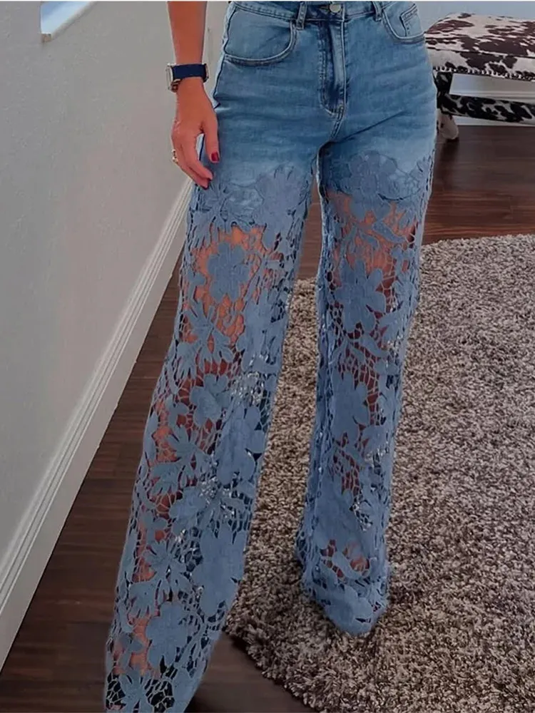 Jeans Skinny Femme Dentelle Florale Et Crochet - Bleu - Taille Petite - Neuf Avec étiquettes
