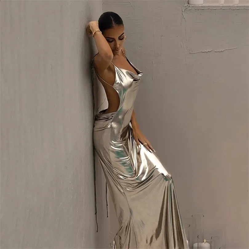 Elegant Metallic Coated Backless Halter Spice Backless maxi dress for Women's Party - 240130
