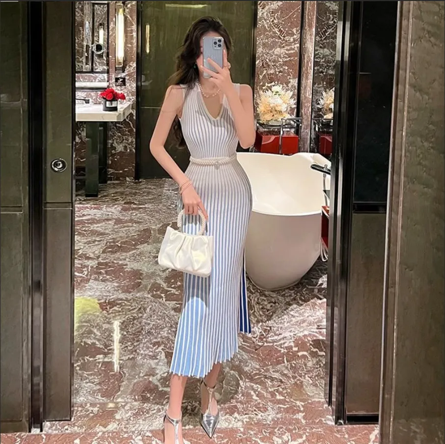 fashionable v necks dress sets Designer V-Neck Sleeveless Vest and Knitted Set with Pearl Belt, Striped White and Blue Casual Dress, Luxurious Party and Festival Evening Dress from Dhgate Basic & Casual Dresses size features are Printed V-Neck Top and Midi
