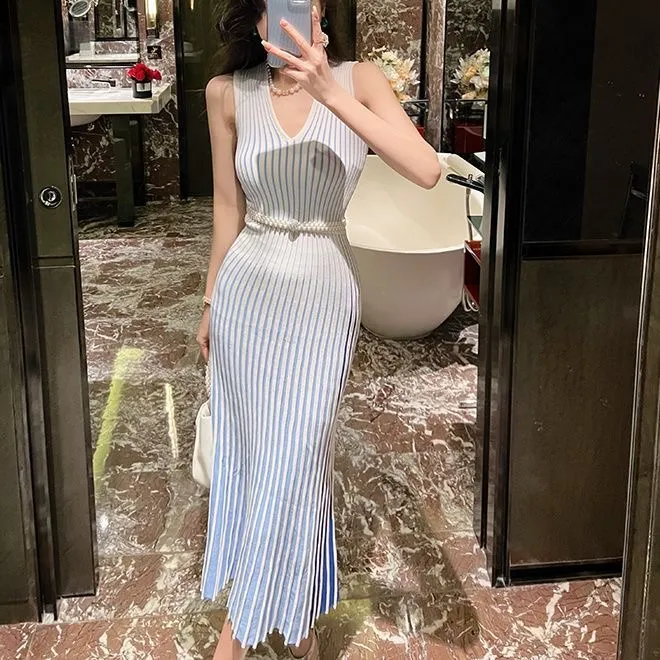 fashionable v necks dress sets Sexy Floral Print Long Dress Set V-neck Slit Women's Summer New Trendy Casual Wear Hot Girl Style Sleeveless