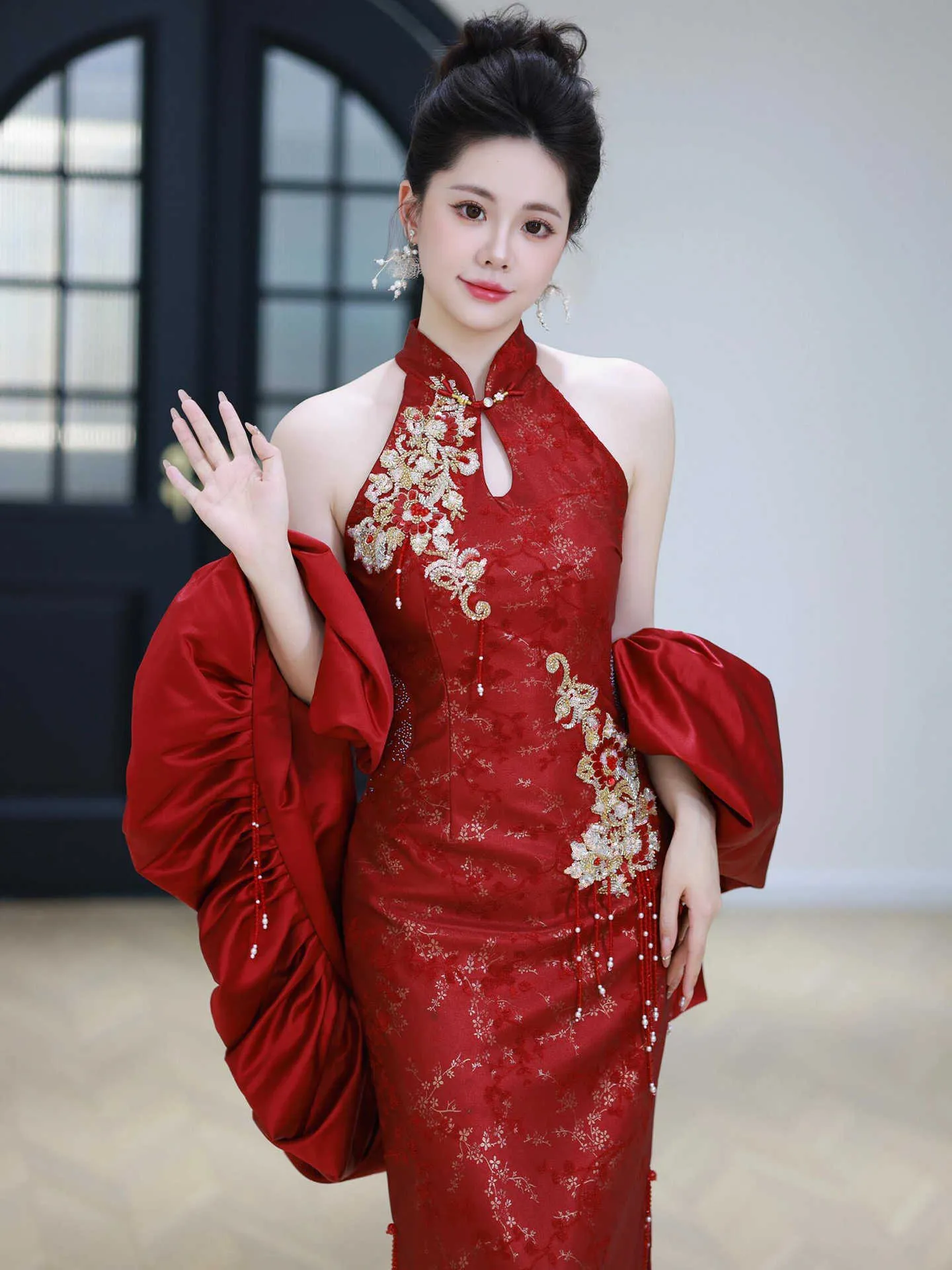 wona evening dresses Mirine Modern Lace Qipao Cheongsam Column Wedding Dress | Bone and Grey  Bridal main image 1