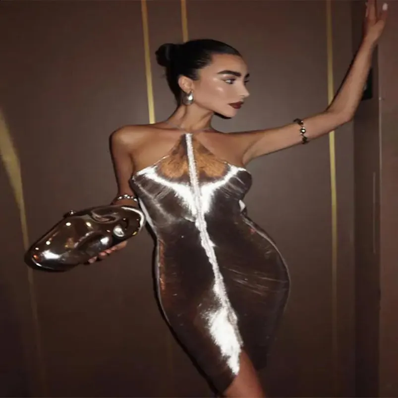 knee length dresses for ladies Backless Metallic Silver Pleated Maxi Dress
