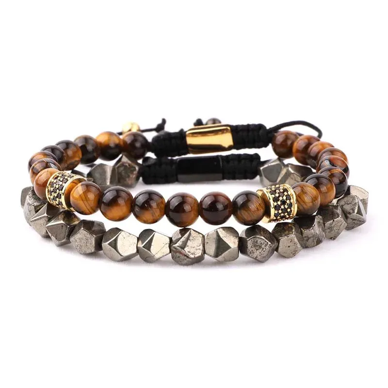 Bracciale Uomo In Pelle Intrecciata Con Occhio Di Tigre E Chiusura Magnetica - Multistrato